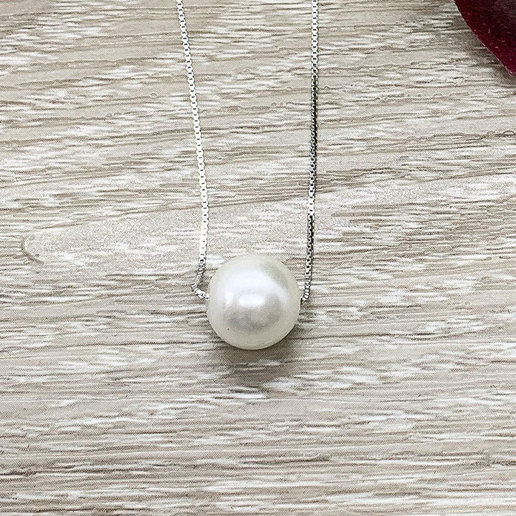 Single Floating Pearl Necklace, Pearl Pendant, Minimalist Necklace, Bridal Necklace, Wedding Jewelry, Bridesmaid Gift, Gift for Mama