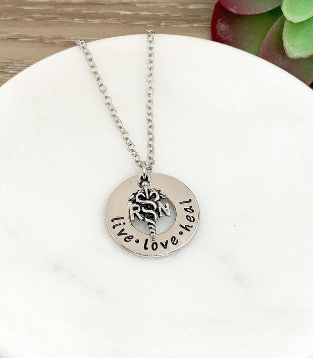 Registered Nurse Necklace, Live Love Heal, Nurse Appreciation Gift, RN Jewelry, Nursing is a Work of Heart, Nursing Student Gift