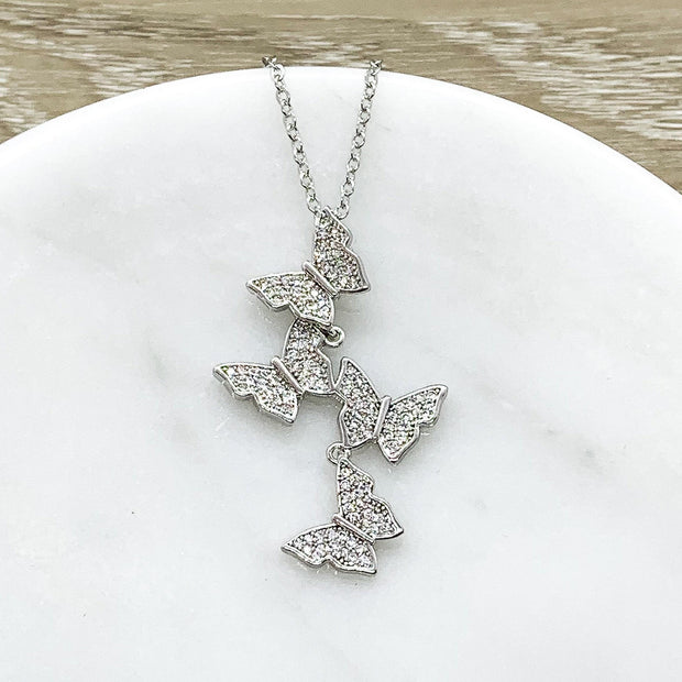 Tiny Butterflies Necklace Silver, Cubic Zirconia Butterfly Jewelry, Gift for Insect Lovers, Bug Necklace, Spring Jewelry, Dainty Necklace