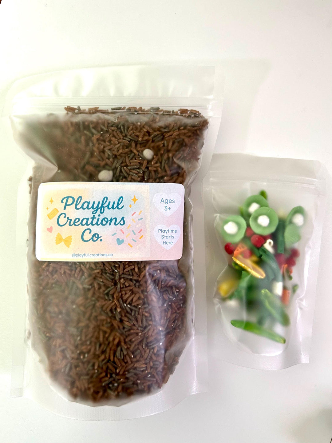 Vegetable Garden Sensory Bin Filler Mix | Brown Rice Soil | Grey Chickpea Rocks | Handpainted Pasta | Farming Soil Montessori Sensory Play