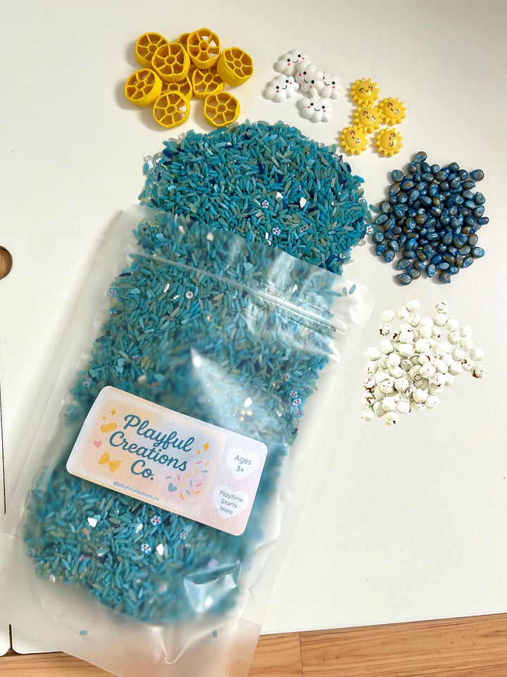 Sunny vs Stormy Weather Sensory Bin Mix | Lightning, Clouds, Rain and Sun Filler | Montessori Learning | Playtime Exploration for Preschool