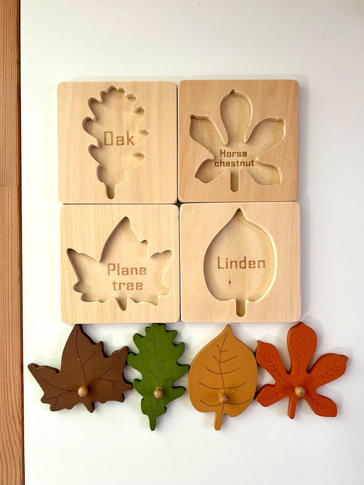 Woodland Leaf Identification Puzzle | Montessori Fine Motor Wooden Board | Handcrafted Wood Nature Toy | Fall Learning Gift for Kids