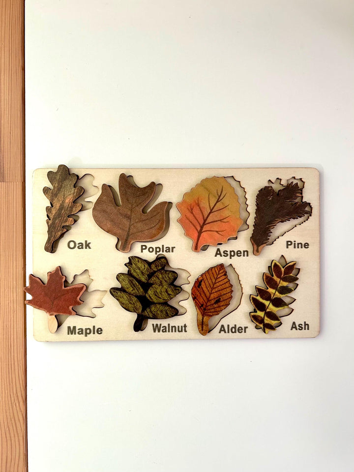 Woodland Leaf Identification Puzzle | Montessori Fine Motor Wooden Board | Handcrafted Wood Nature Toy | Fall Learning Gift for Kids