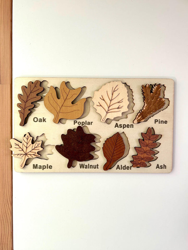 Woodland Leaf Identification Puzzle | Montessori Fine Motor Wooden Board | Handcrafted Wood Nature Toy | Fall Learning Gift for Kids