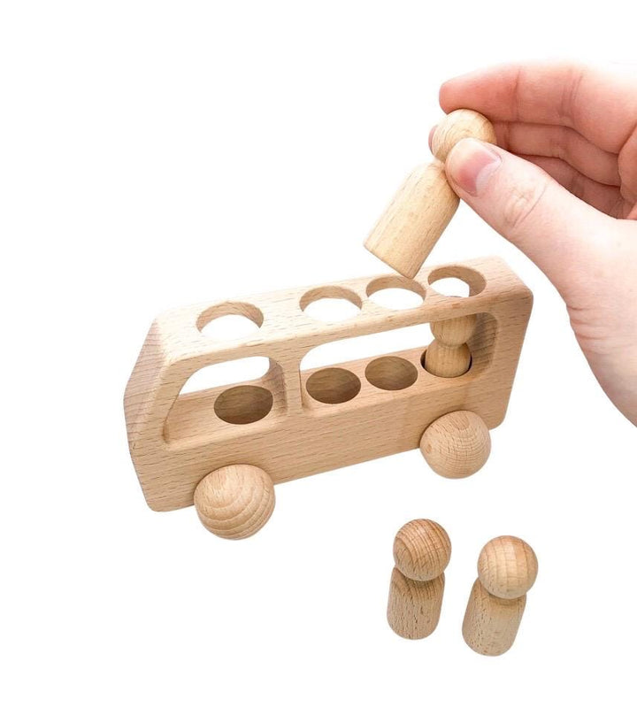 Natural Beechwood Bus with Peg Dolls | Montessori Wooden Toy | Open-Ended Play | Waldorf Small World | Handmade Wooden Bus for Kids Gift