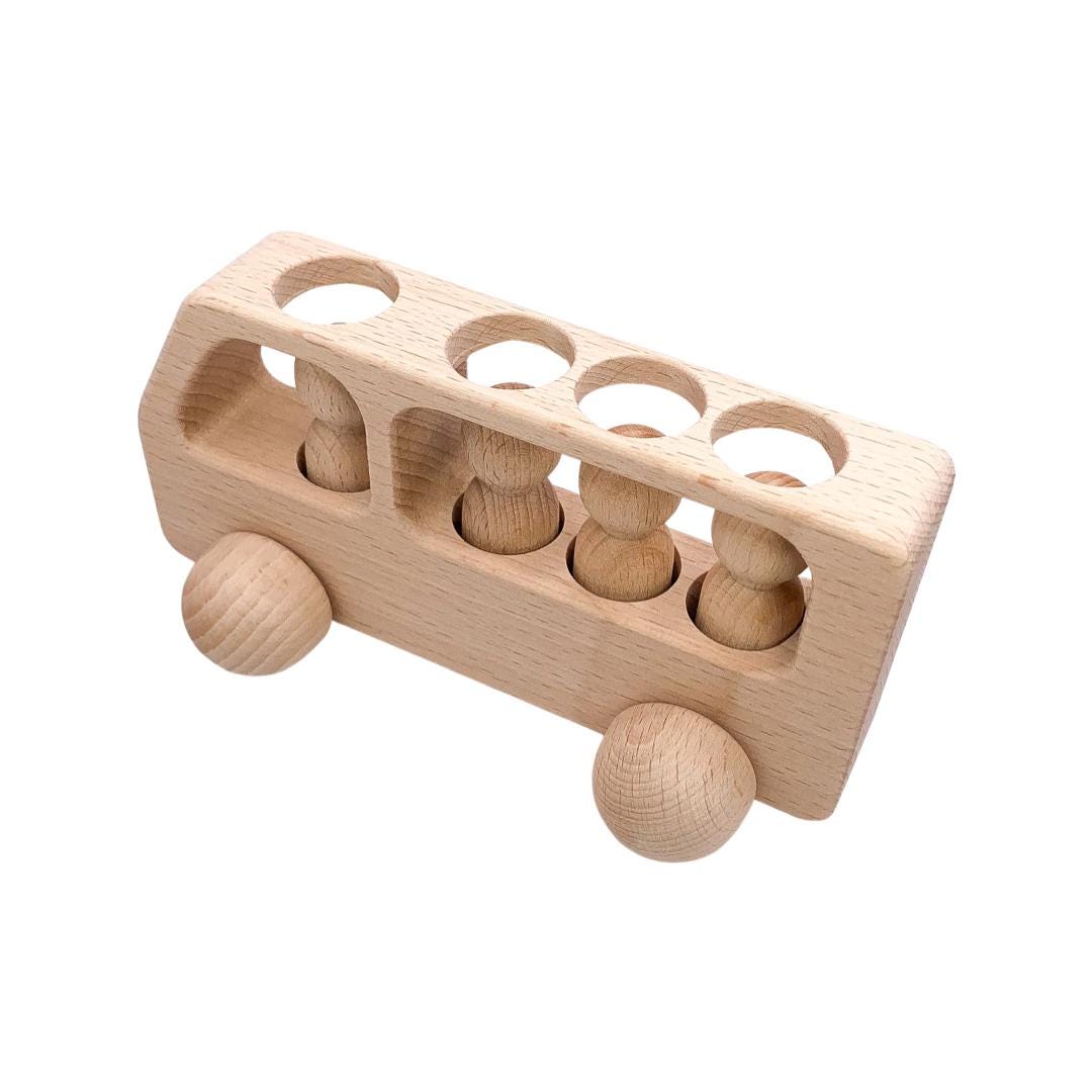 Natural Beechwood Bus with Peg Dolls | Montessori Wooden Toy | Open-Ended Play | Waldorf Small World | Handmade Wooden Bus for Kids Gift