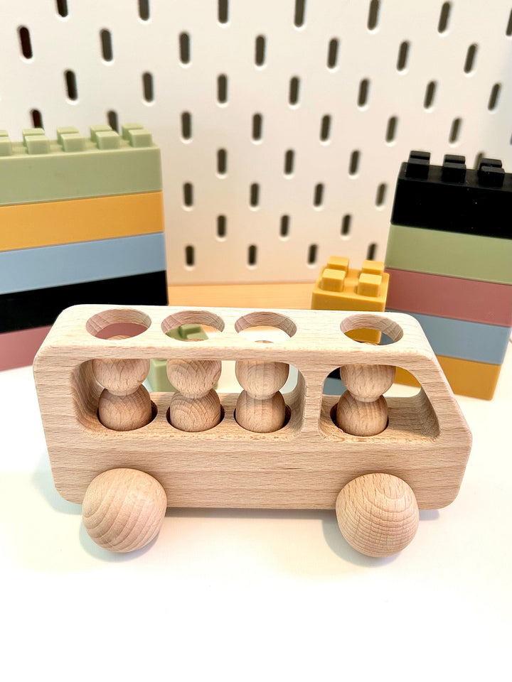 Natural Beechwood Bus with Peg Dolls | Montessori Wooden Toy | Open-Ended Play | Waldorf Small World | Handmade Wooden Bus for Kids Gift