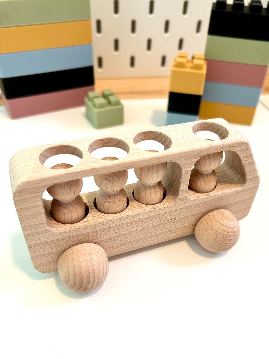 Natural Beechwood Bus with Peg Dolls | Montessori Wooden Toy | Open-Ended Play | Waldorf Small World | Handmade Wooden Bus for Kids Gift