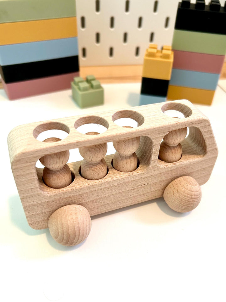 Natural Beechwood Bus with Peg Dolls | Montessori Wooden Toy | Open-Ended Play | Waldorf Small World | Handmade Wooden Bus for Kids Gift