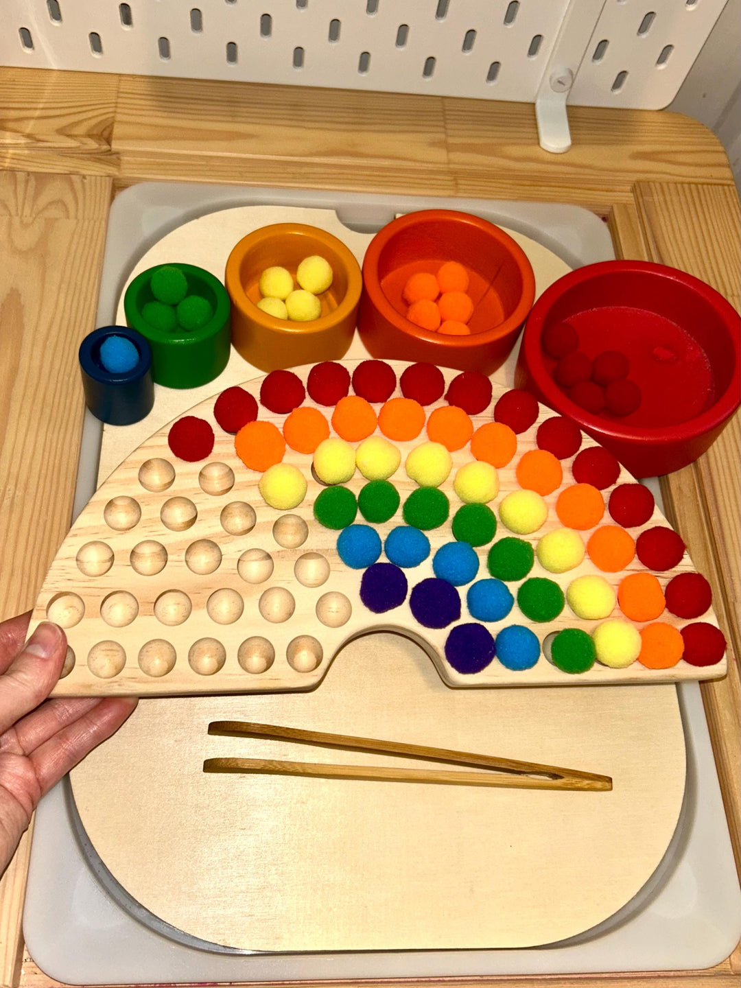 Wooden Rainbow Color Sorter Toy with Pompoms &amp; Wood Tweezers | Montessori Fine Motor Activity | Toddler Sorting Game | Sensory Play Learning