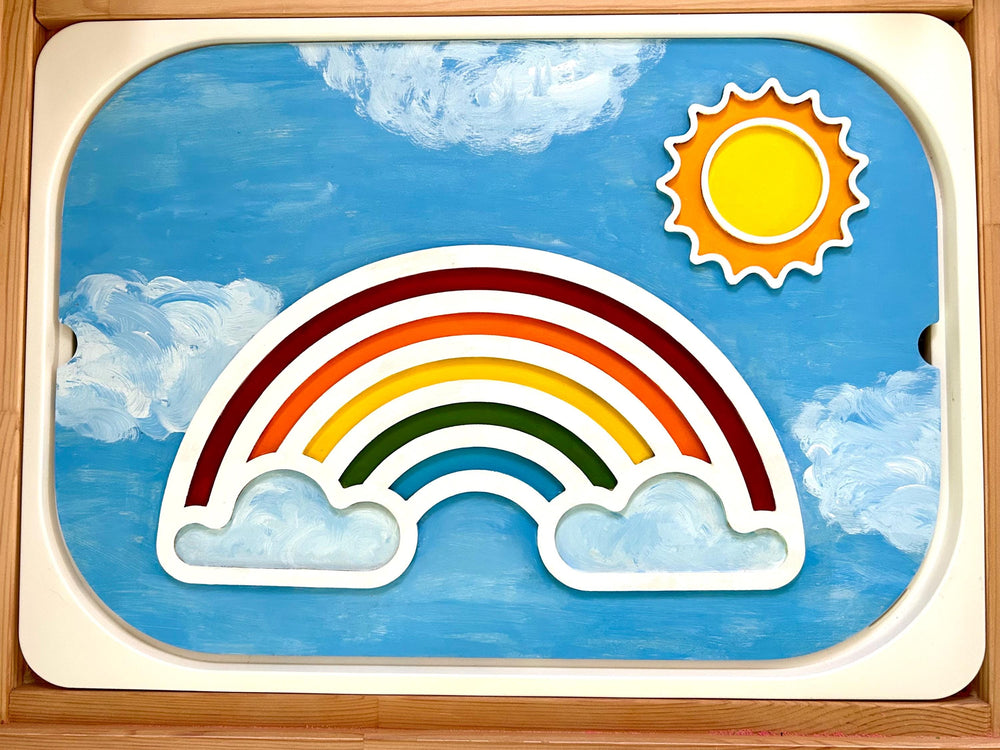 Fillable TROFAST Lid | Wooden Flisat Sensory Table Insert | Rainbow & Sunshine Shapes | Unfinished or Handpainted Montessori Activity