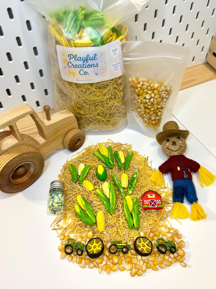 Tractor Sensory Filler Mix | Corn Maze Sensory Bin Filler | Hay Painted Pasta Sensory Play | Farm Loose Parts | Montessori Fall Themed Play
