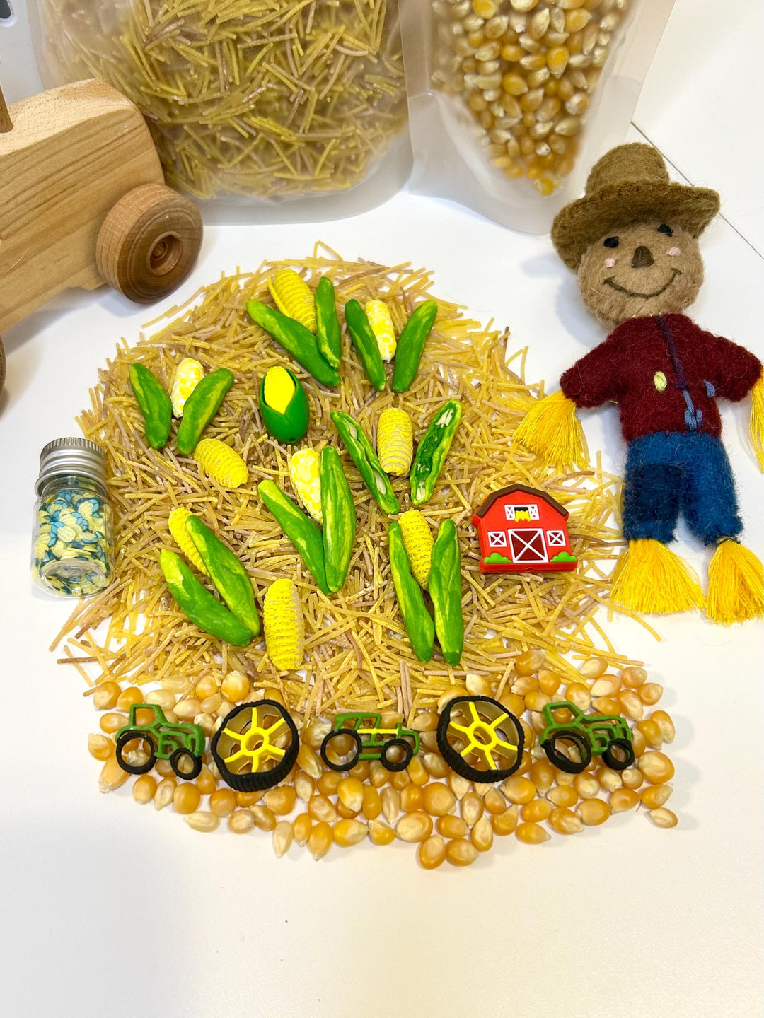 Tractor Sensory Filler Mix | Corn Maze Sensory Bin Filler | Hay Painted Pasta Sensory Play | Farm Loose Parts | Montessori Fall Themed Play