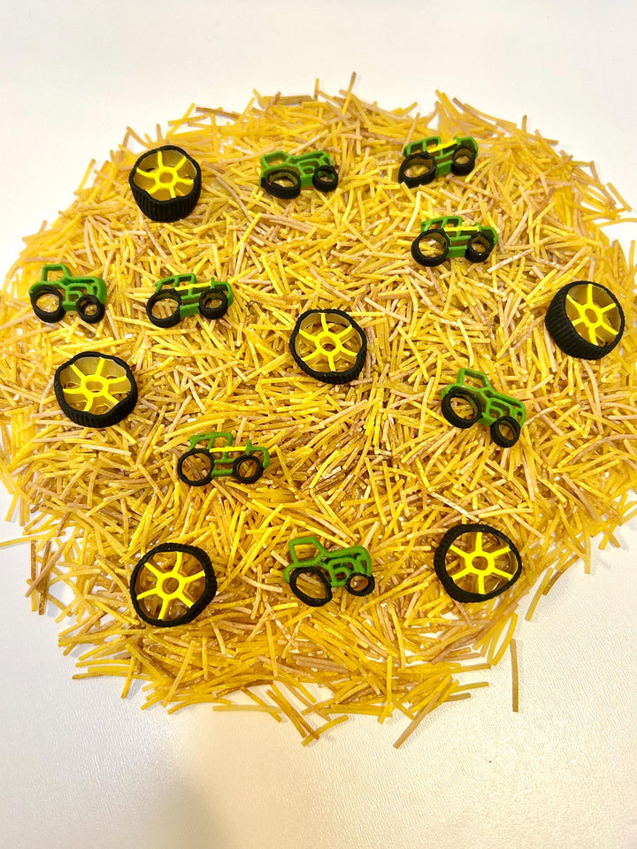 Farm Tractor Sensory Filler | Hay Pasta Sensory Bin Mix | Tractor Wheel Pasta | Montessori Farm Sensory Play | Playful Creations Co.