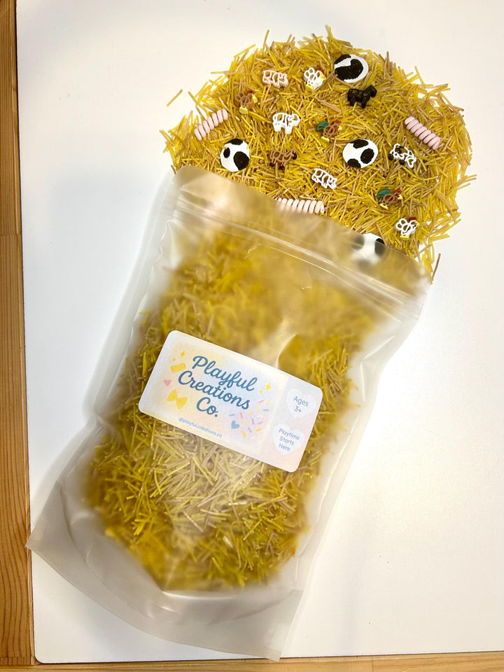 Barnyard Sensory Bin Mix | Farm Animals Sensory Filler | Hay Pasta Sensory Play | Painted Mini Cows Sheep | Fall Montessori Small World Play