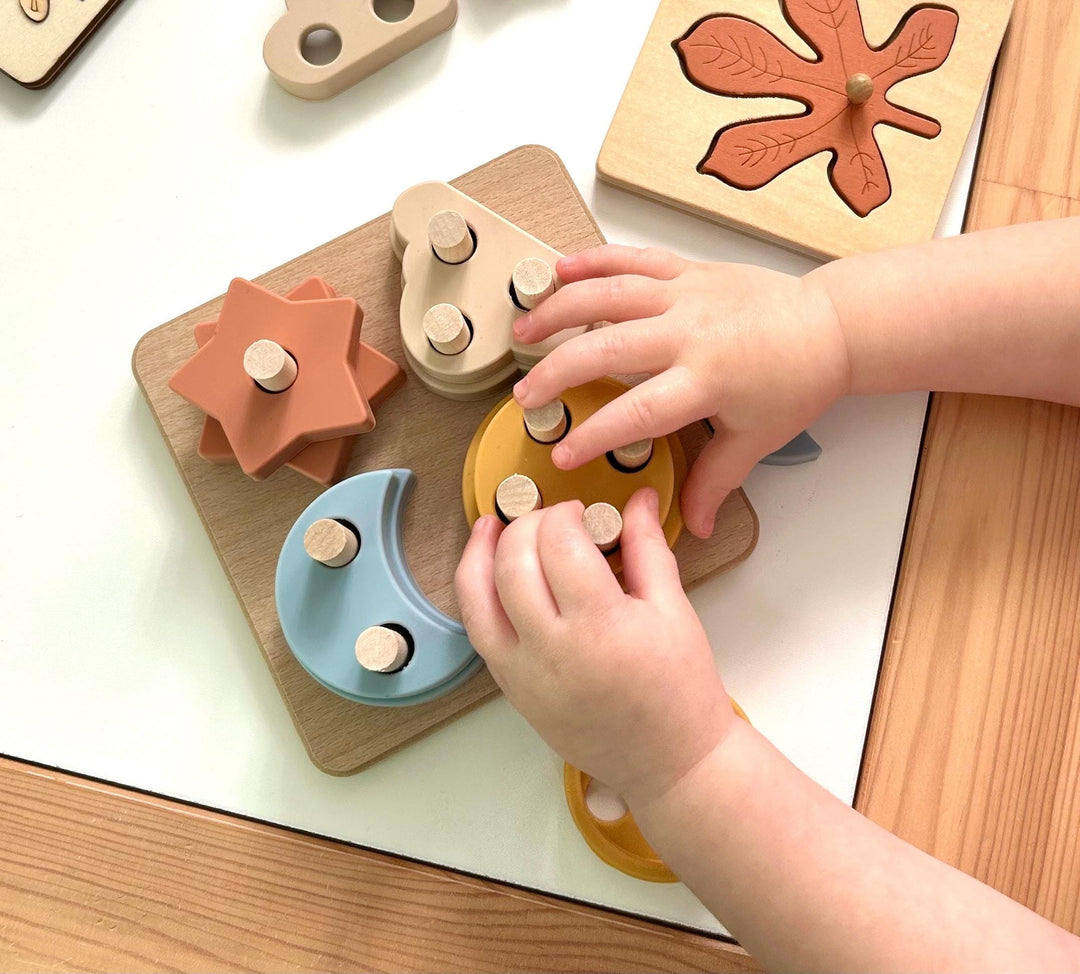 Montessori Puzzle with Silicone Simple Shapes | Toys for Toddlers | Fine Motor Skill Builder | Children Wooden Base + Soft Silicone Pieces