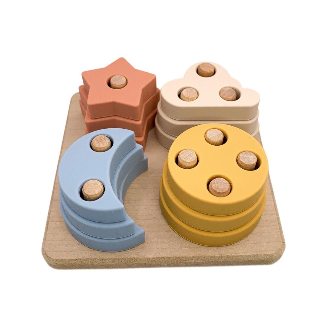 Montessori Puzzle with Silicone Simple Shapes | Toys for Toddlers | Fine Motor Skill Builder | Children Wooden Base + Soft Silicone Pieces