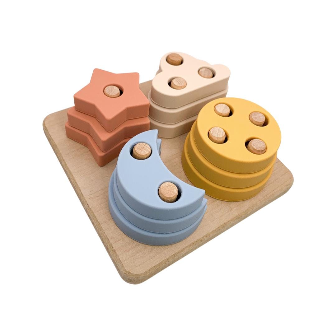 Montessori Puzzle with Silicone Simple Shapes | Toys for Toddlers | Fine Motor Skill Builder | Children Wooden Base + Soft Silicone Pieces