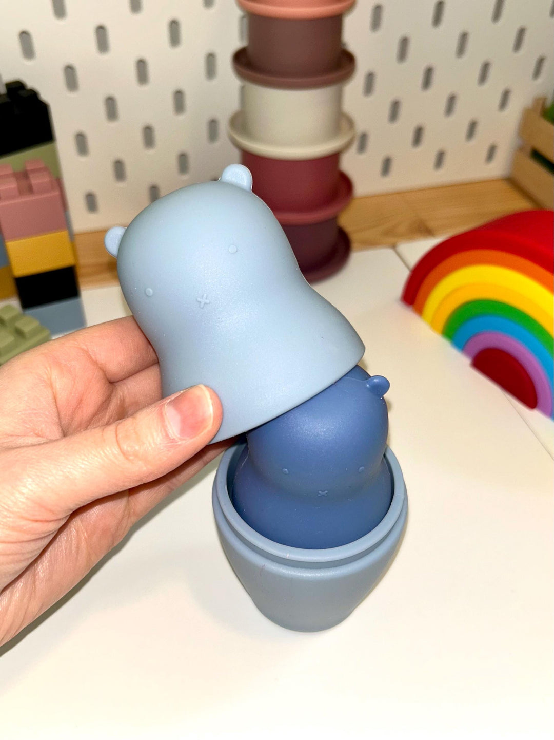 Montessori Puzzle with Silicone Simple Shapes | Toys for Toddlers | Fine Motor Skill Builder | Children Wooden Base + Soft Silicone Pieces