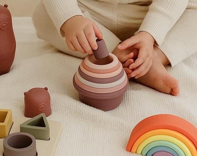 Montessori Silicone Stacking Cups | Baby Sensory & Bath Toy | BPA-Free Silicone Nesting Cups with Holes | Early Learning | Open-Ended Play