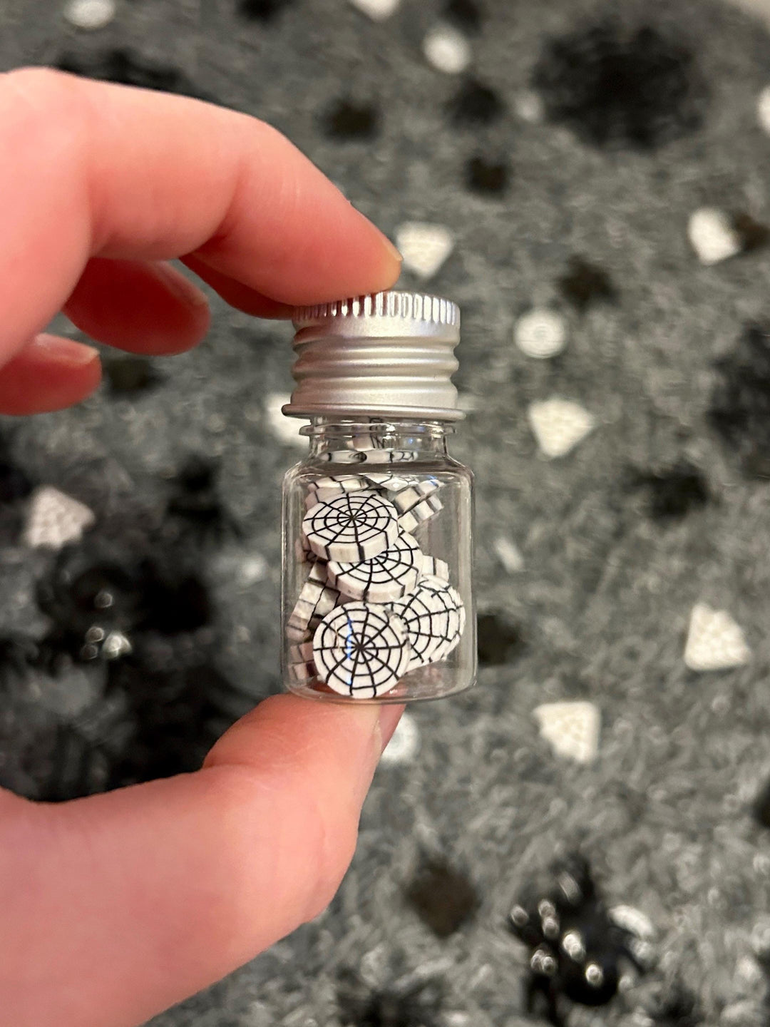 Spiderweb Sensory Filler Mix | Grey Rice Base with Handpainted Spiders & Webs | Sensory Bin | Loose Parts + Wooden Scoop | Playful Creations