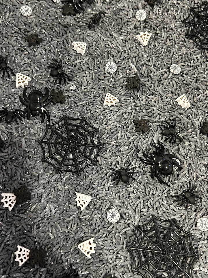 Spiderweb Sensory Filler Mix | Grey Rice Base with Handpainted Spiders & Webs | Sensory Bin | Loose Parts + Wooden Scoop | Playful Creations