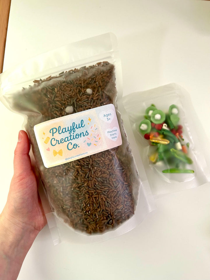 Fall Harvest Sensory Filler Mix | Vegetable Garden Theme | Rice, Chickpeas & Handpainted Pasta | Autumn Montessori Play Setup | Woodland Fun