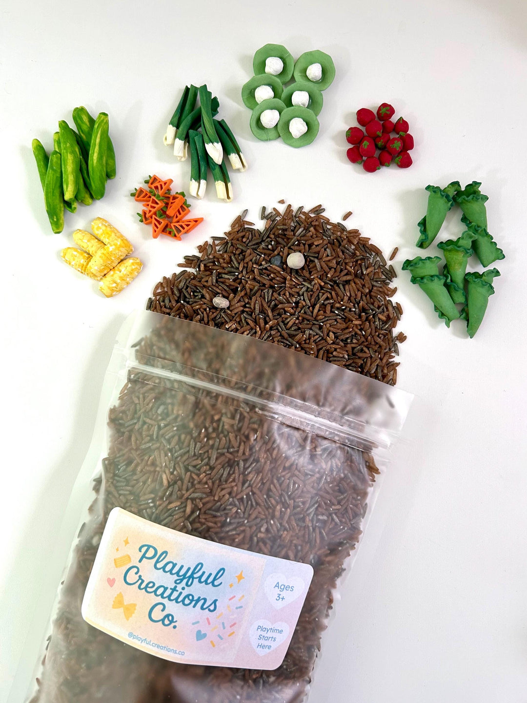 Vegetable Garden Sensory Bin Filler Mix | Brown Rice Soil | Grey Chickpea Rocks | Handpainted Pasta | Farming Soil Montessori Sensory Play