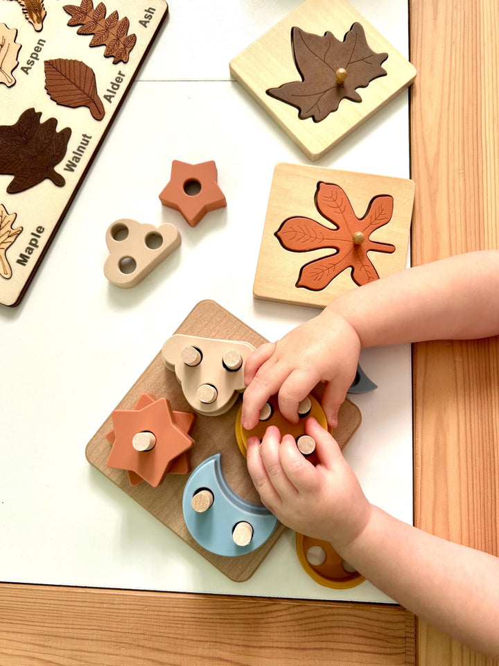 Woodland Leaf Identification Puzzle | Montessori Fine Motor Wooden Board | Handcrafted Wood Nature Toy | Fall Learning Gift for Kids
