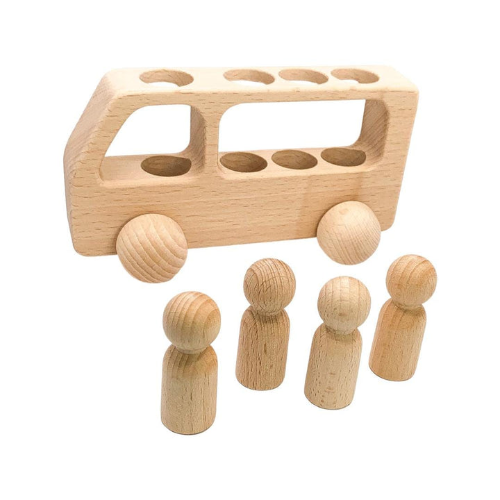 Natural Beechwood Bus with Peg Dolls | Montessori Wooden Toy | Open-Ended Play | Waldorf Small World | Handmade Wooden Bus for Kids Gift