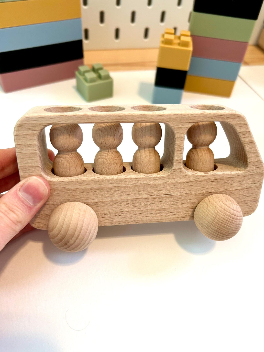 Natural Beechwood Bus with Peg Dolls | Montessori Wooden Toy | Open-Ended Play | Waldorf Small World | Handmade Wooden Bus for Kids Gift