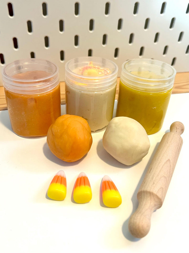 Candy Corn Fall-Themed Playdough Set | Autumn Sensory Dough Kit | Handmade Non-Toxic Playdough with Loose Parts | Montessori Play
