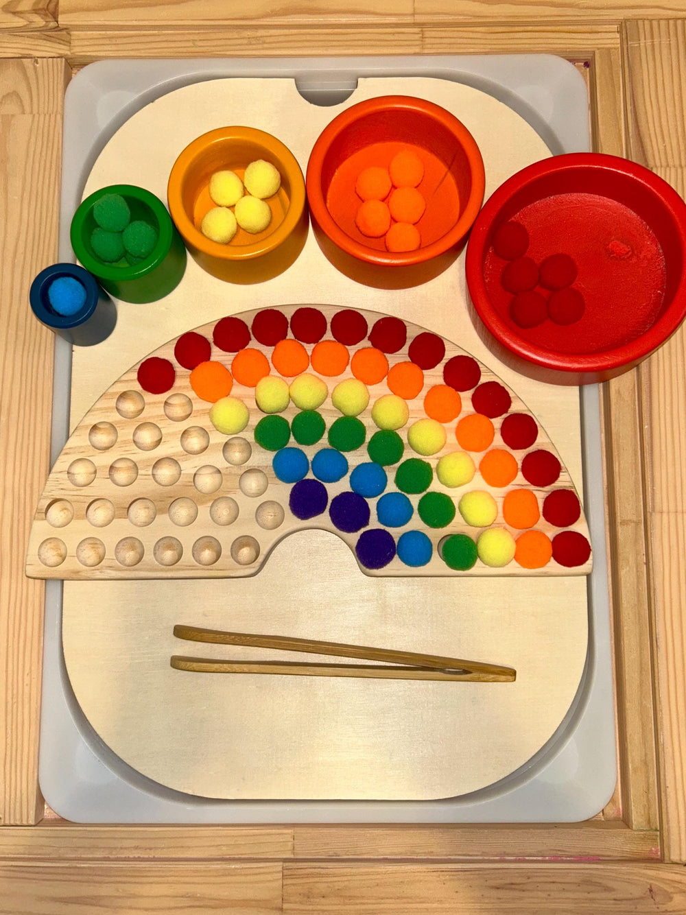 Wooden Rainbow Color Sorter Toy with Pompoms & Wood Tweezers | Montessori Fine Motor Activity | Toddler Sorting Game | Sensory Play Learning