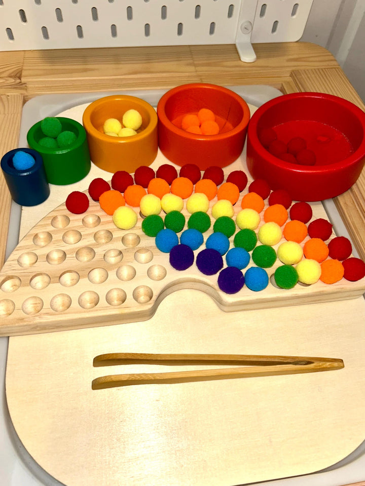 Wooden Rainbow Color Sorter Toy with Pompoms &amp; Wood Tweezers | Montessori Fine Motor Activity | Toddler Sorting Game | Sensory Play Learning