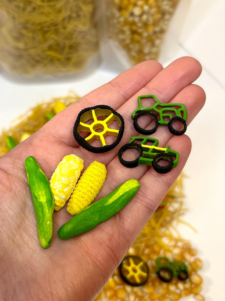 Farm Tractor Sensory Filler | Hay Pasta Sensory Bin Mix | Tractor Wheel Pasta | Montessori Farm Sensory Play | Playful Creations Co.