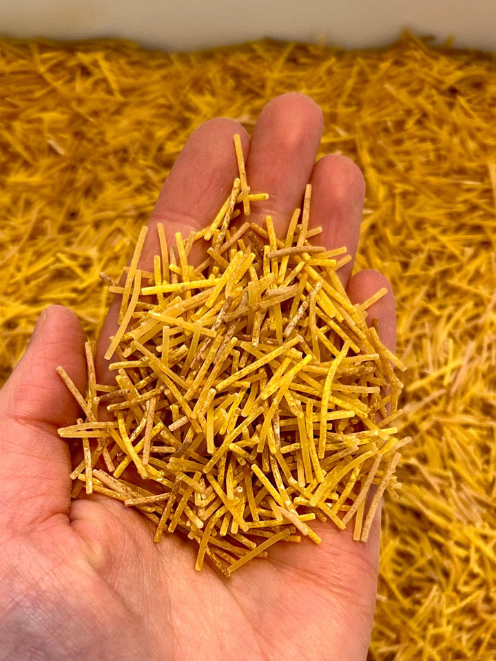 Farm Tractor Sensory Filler | Hay Pasta Sensory Bin Mix | Tractor Wheel Pasta | Montessori Farm Sensory Play | Playful Creations Co.