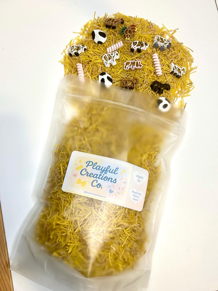 Barnyard Sensory Bin Mix | Farm Animals Sensory Filler | Hay Pasta Sensory Play | Painted Mini Cows Sheep | Fall Montessori Small World Play