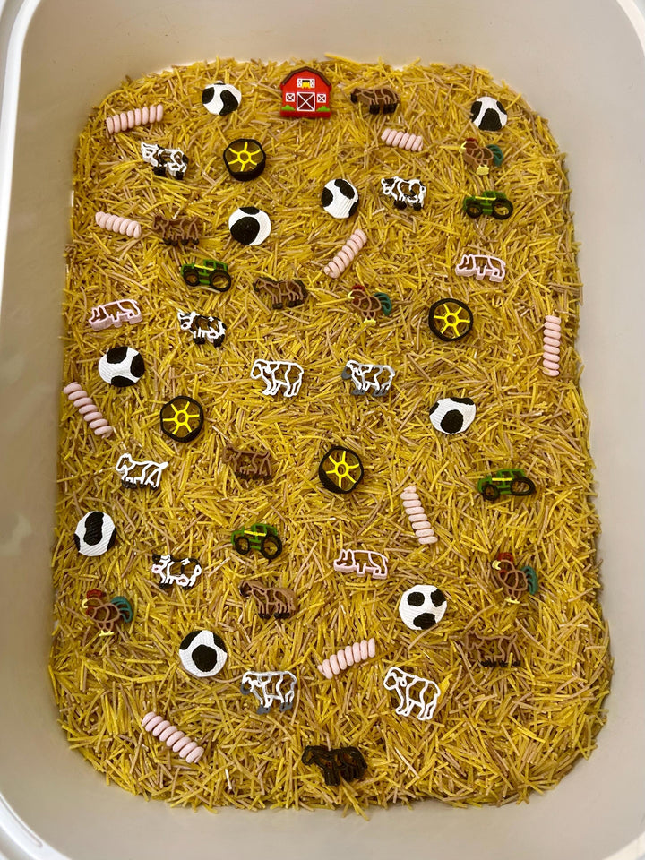 Barnyard Sensory Bin Mix | Farm Animals Sensory Filler | Hay Pasta Sensory Play | Painted Mini Cows Sheep | Fall Montessori Small World Play
