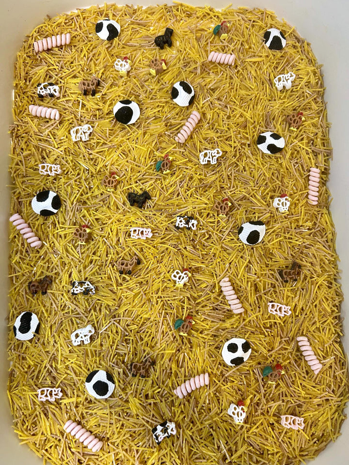 Farm Animals Sensory Filler | Barnyard Sensory Bin Mix | Hay Pasta Sensory Play | Painted Farm Animals | Fall Montessori Small World Play