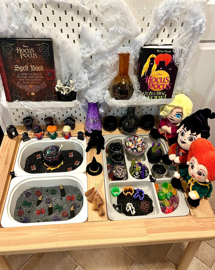 Witch Sisters Add-On Mini Charms Set | Hocus Pocus Witchy Mini Toys Play Setup | Spellbook, Cauldron & Hat Sensory Accessories Loose Parts