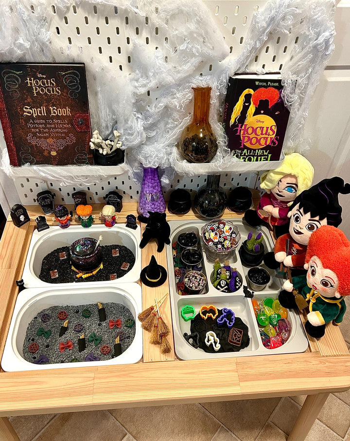 Witch Sisters Add-On Mini Charms Set | Hocus Pocus Witchy Mini Toys Play Setup | Spellbook, Cauldron & Hat Sensory Accessories Loose Parts