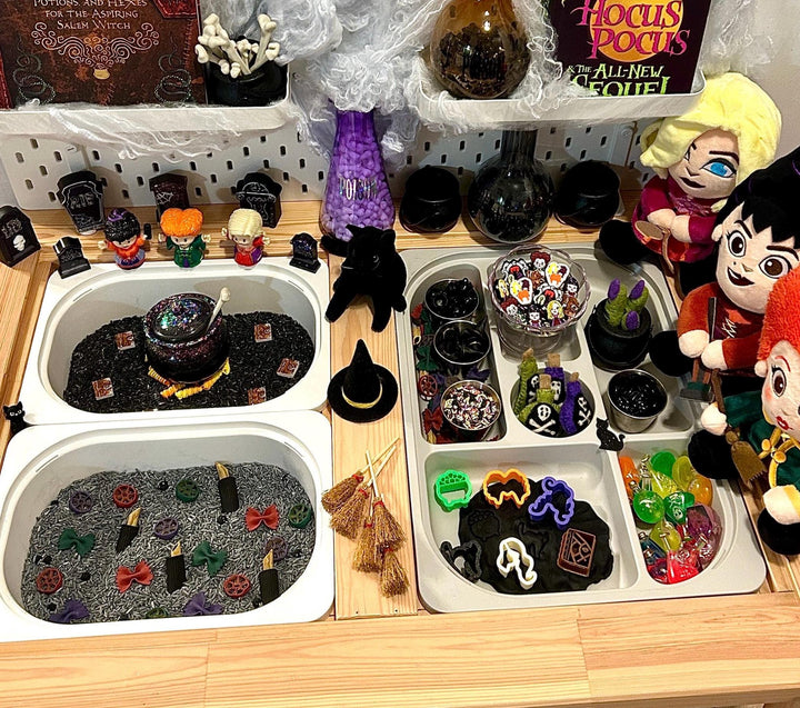Witch Sisters Sensory Filler Mix | Hocus Pocus Inspired Play Bin Filler | Miniature Spellbook | Black Flame Candle Mix | Halloween Sensory