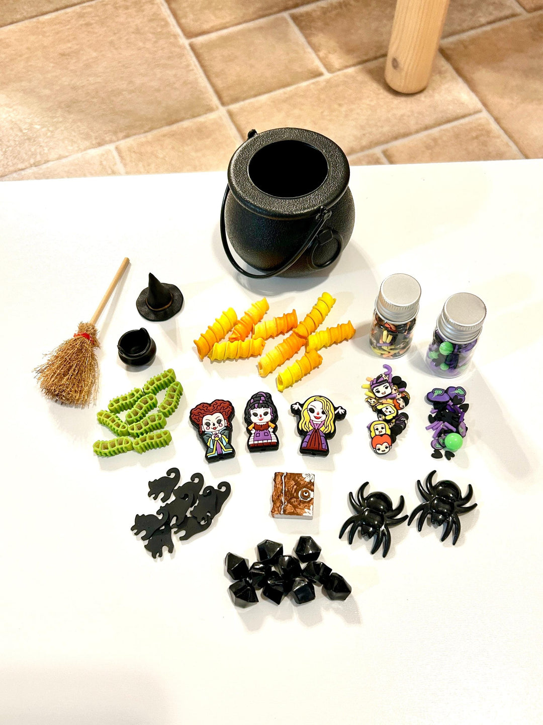 Witch Sisters Add-On Mini Charms Set | Hocus Pocus Witchy Mini Toys Play Setup | Spellbook, Cauldron & Hat Sensory Accessories Loose Parts