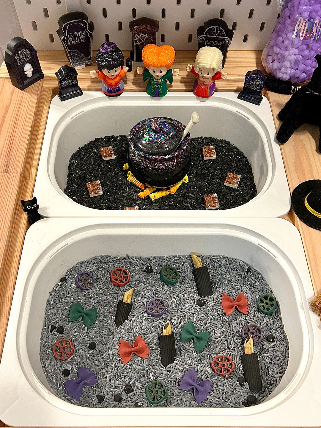 Witch Sisters Sensory Filler Mix | Hocus Pocus Inspired Play Bin Filler | Miniature Spellbook | Black Flame Candle Mix | Halloween Sensory