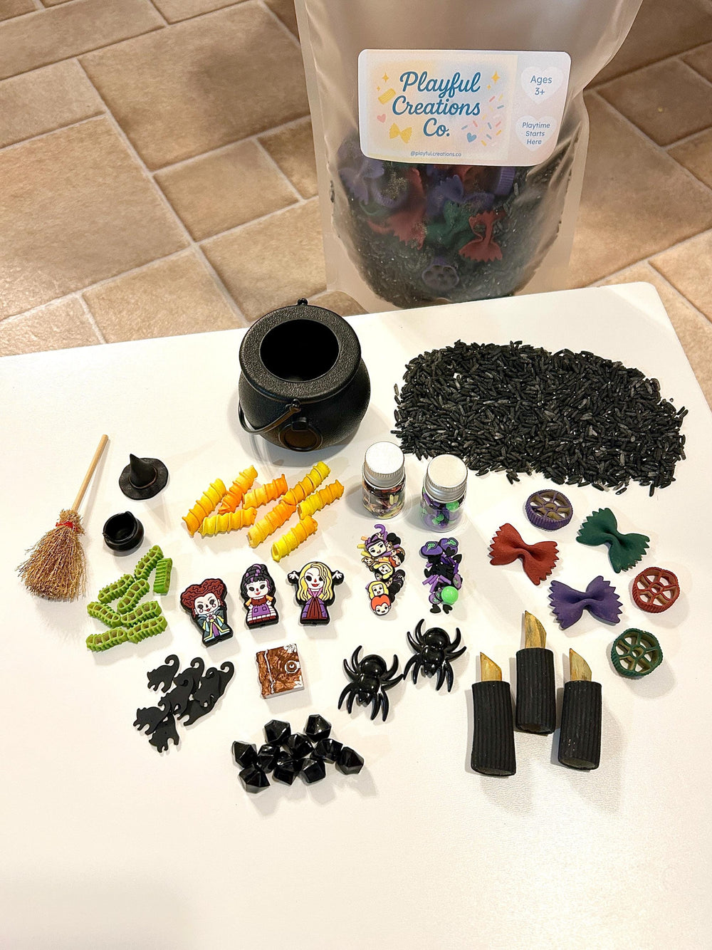 Witch Sisters Add-On Mini Charms Set | Hocus Pocus Witchy Mini Toys Play Setup | Spellbook, Cauldron & Hat Sensory Accessories Loose Parts