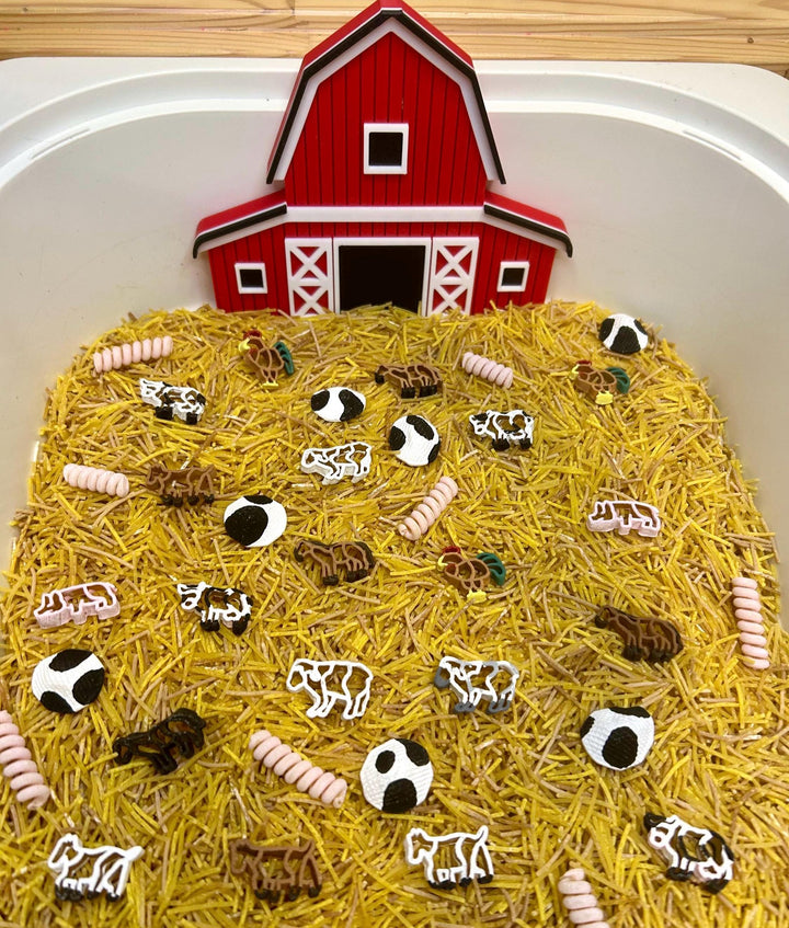 Farm Animals Sensory Filler | Barnyard Sensory Bin Mix | Hay Pasta Sensory Play | Painted Farm Animals | Fall Montessori Small World Play