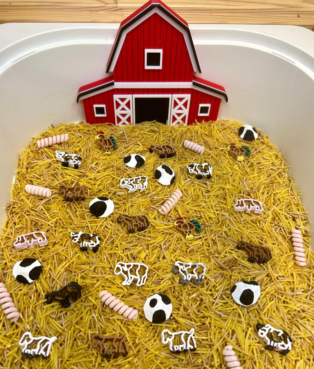 Farm Animals Sensory Filler | Barnyard Sensory Bin Mix | Hay Pasta Sensory Play | Painted Farm Animals | Fall Montessori Small World Play