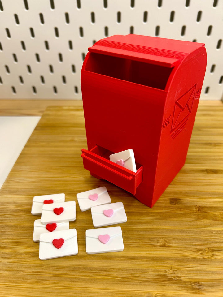 3D Printed Valentine Mailbox with Pull-Out Drawer | Miniature Envelopes Included | Desk Decor, Toy, or Sensory Play | Red Mailbox 5.25” Tall