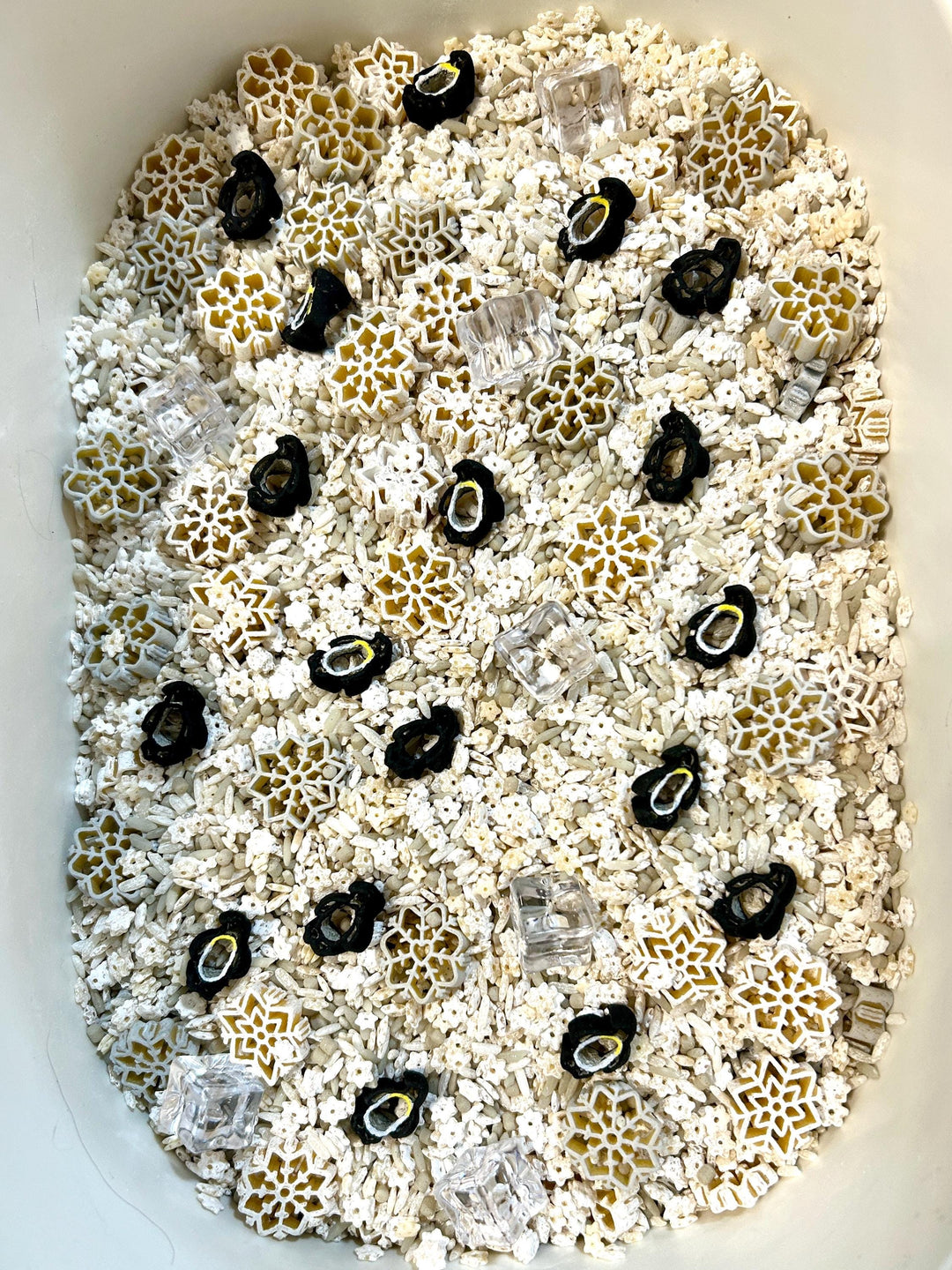 Snowflake & Penguin Sensory Bin | Winter Sensory Filler Mix | Arctic Sensory Play | Faux Ice Cubes | Montessori Play | Handpainted Pasta