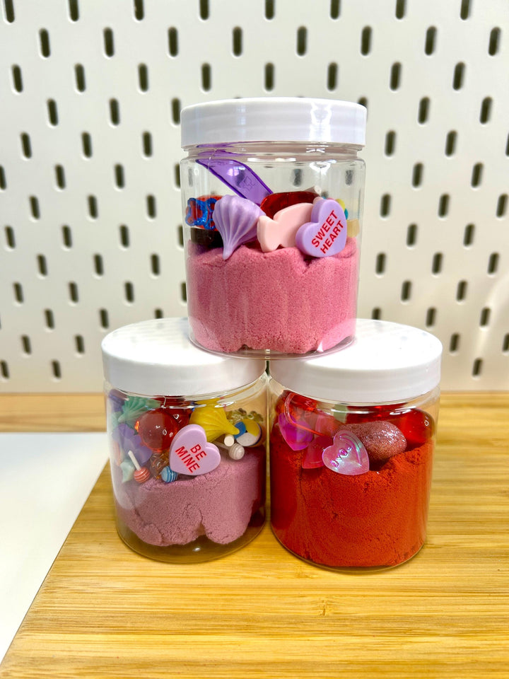Red Valentine Kinetic Sand Kit | Love Charms Sensory Play | Candy & Heart Theme | Kids Play Kit | Friendship Party Favors | Loose Parts
